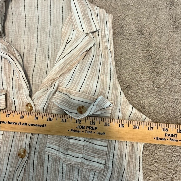 Mine Dress womens M Collared Sleeveless Belted Front Button down cream stripe - Picture 8 of 8